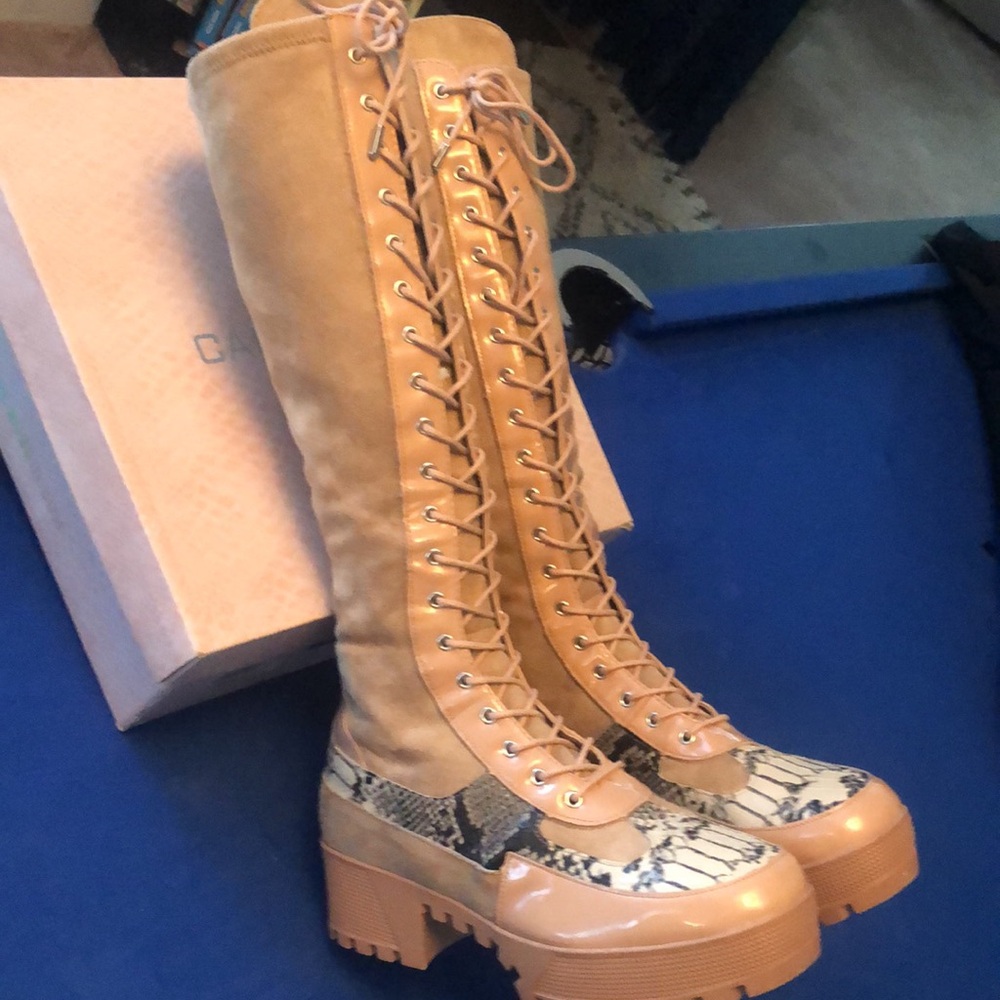Cape Robbins Zipper Print & Tan Lace-Up Knee-High Boots - Picture 10 of 13